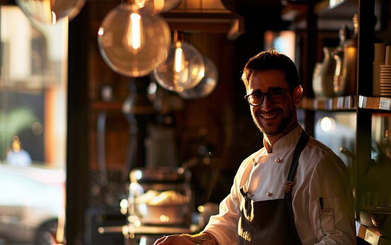 Photo d'un restaurateur indépendant heureux d'utiliser la plateforme Cerespro