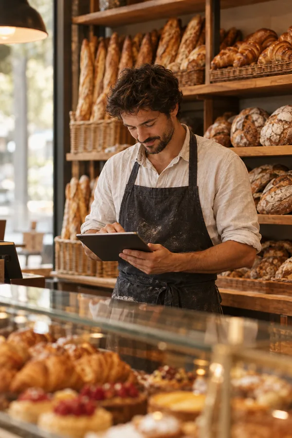 Boulanger artisan consultant CERESPRO sur tablette dans sa boutique