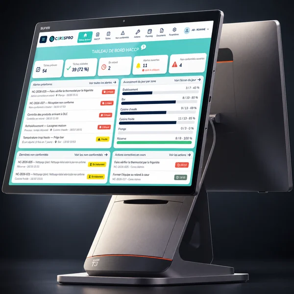 Caisse tactile double écran affichant le tableau de bord HACCP de CERESPRO