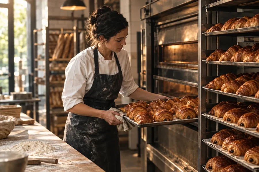 Pâtissière enfournant des viennoiseries dans le fournil d'une boulangerie artisanale