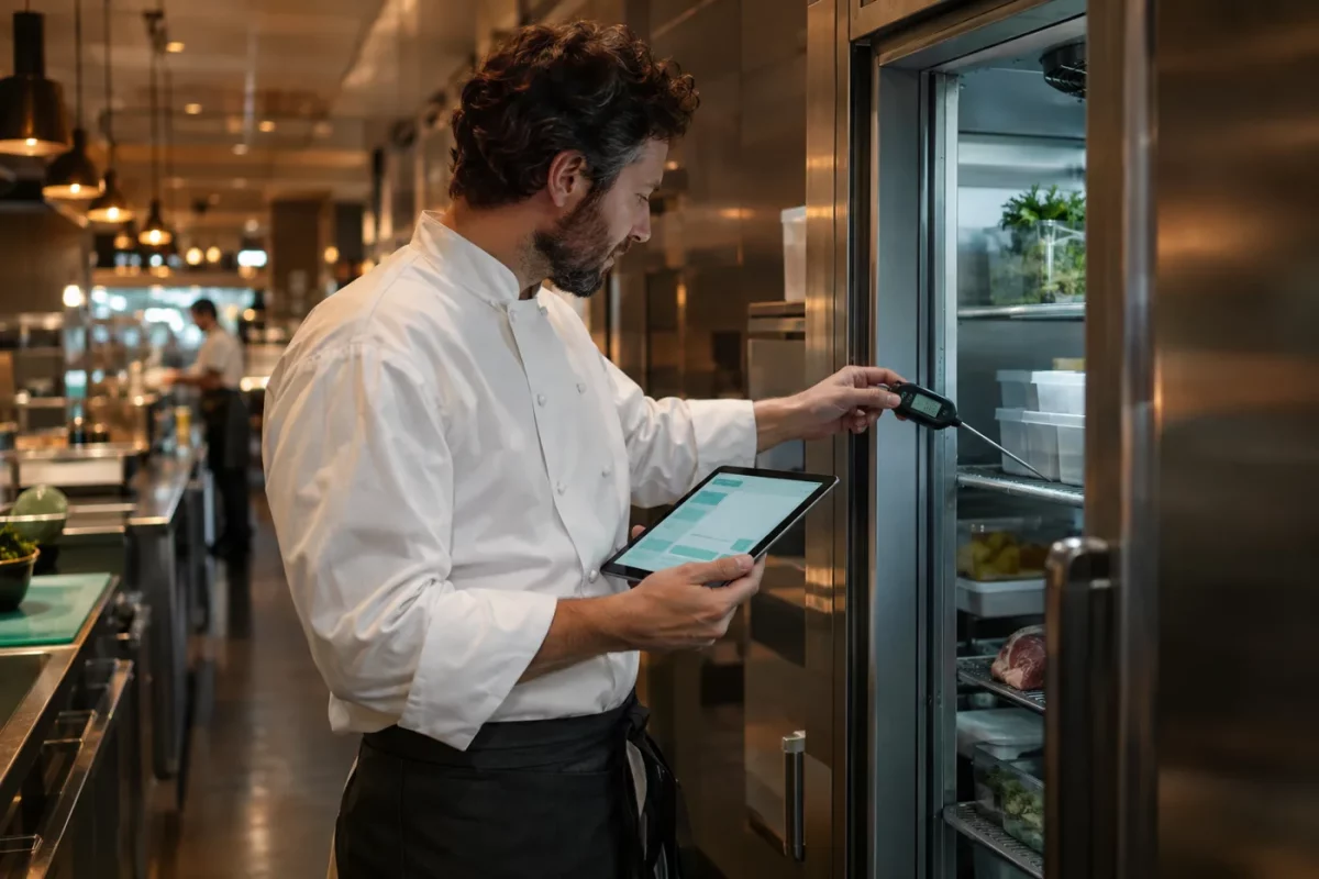 Chef relevant la température d'une chambre froide avec l'application HACCP sur tablette
