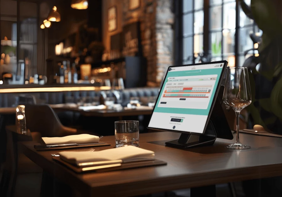 Écran du logiciel de gestion de restaurant CERESPRO sur une table de restaurant